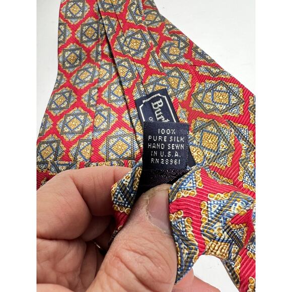 VTG Burberry Red Geometric 100% Silk Necktie Tie Made in USA by Hand - Picture 5 of 5